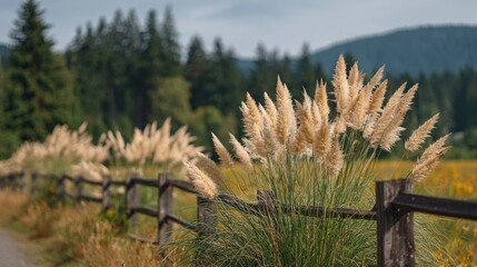 Fluffy grass plumes by a wooden fence.