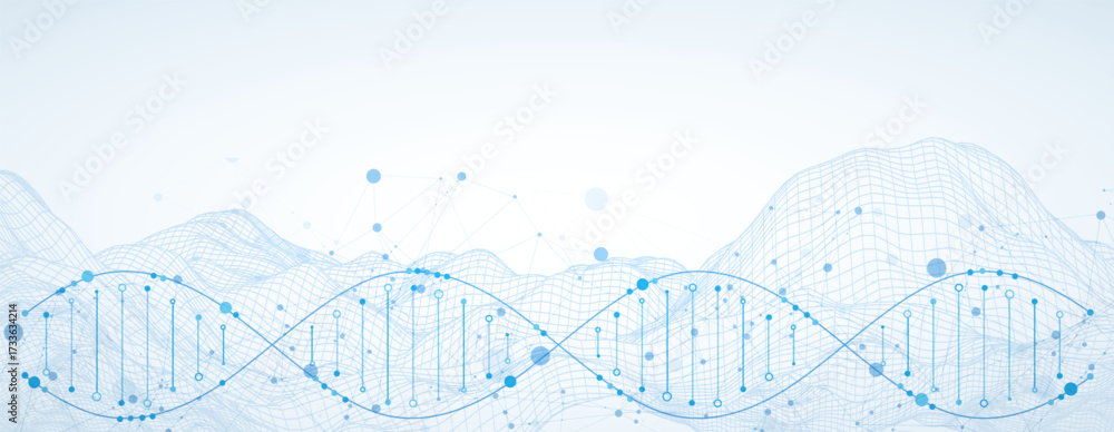 Wall mural abstract image of dna molecule on wireframe wave. scientific vector background.