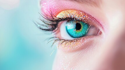 eye makeup rainbow Rainbow eyeshadow applied artistically around the eye, incorporating glitter and rhinestones, creative makeup look