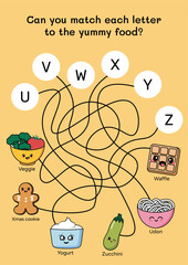 Match letters with food printable for young learners. A to Z food-themed maze with adorable cartoon style