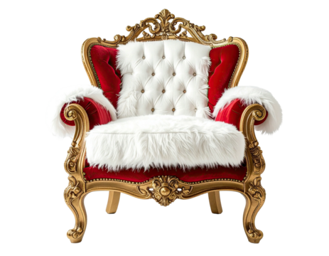 Ornate gold armchair with red velvet, white fur trim, and tufted cream backrest