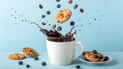 Chocolate chip cookies and blueberries explode into a splash of chocolate milk