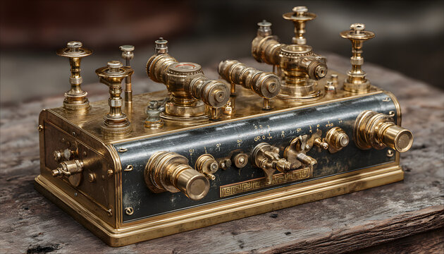 Vintage brass telegraph device with knobs and dials sits on wooden table. Antique communication tool used for sending messages via Morse code in historical settings.