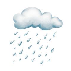 Cheerful cartoon rain cloud with falling droplets,crafted with soft watercolor washes and textured colored pencils.For childrens books,weather themes and playful seasonal designs
