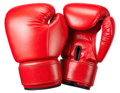 Close-up of two bright red boxing gloves, isolated against a transparent backdrop
