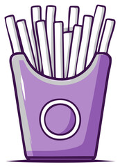 Purple french fries in a cartoon style paper box with a circular emblem