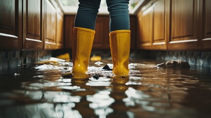 A person stands in yellow rubber boots, surrounded by standing water in a kitchen, illustrating a flood situation or water damage.
