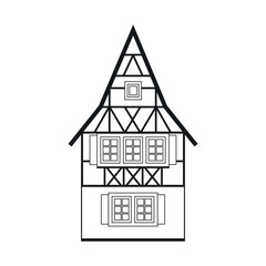 Traditional German Houses. Flat facades of european framing houses, cottages. black and white, linear. Vector illustrations isolated on white background. Set for travel posters, maps, guides.