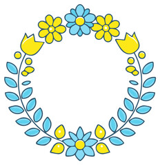 Obraz premium Stylized Floral Wreath with Blue and Yellow Flowers and Leaves