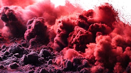 A close up abstract view of a dramatic burst of red and purple powder particles suspended in dynamic motion creating an energetic and vivid cloud against a white background