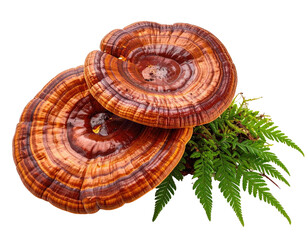 Two layered shelf fungi with red-brown hues, beside green fern