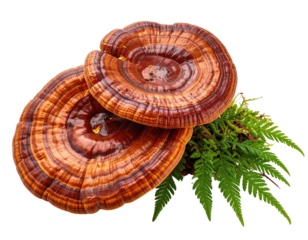 Two layered shelf fungi with red-brown hues, beside green fern