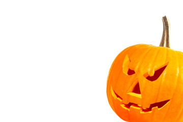 Halloween poster design. Pumpkin with carved spooky face peeking out against white background. Space for text