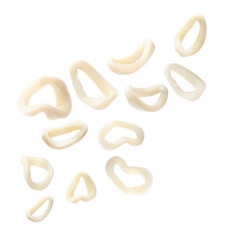 Fresh squid rings flying in air against white background