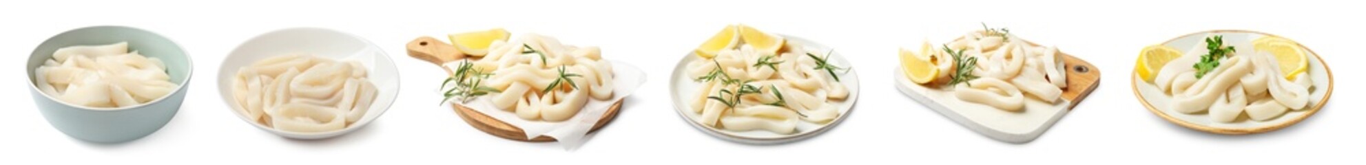 Fresh squid rings isolated on white, set