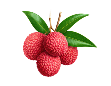 Cluster of ripe, red, textured fruit with green leaves on a black background