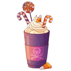 Vector illustration of a spooky Halloween coffee with whipped cream, candies, lollipops, and skull label. Festive dessert design for Halloween party, cafe menu, or seasonal advertising.