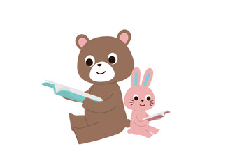 背中合わせに座って本を読んでいるくまとうさぎ