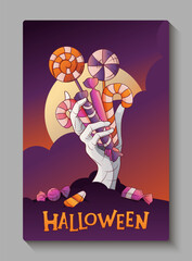 Vector Halloween poster with zombie hand holding lollipops and sweets. Spooky and festive design for Halloween party invitation, poster, or seasonal decoration.