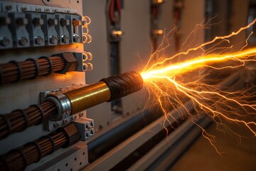 Intense electrical arc and sparks erupting from a high voltage connection in a power distribution panel symbolizing energy and danger