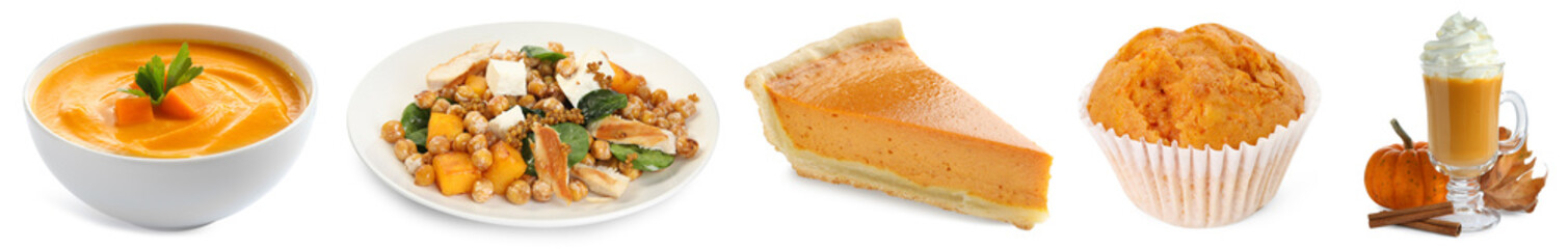 Pumpkin dishes, desserts and drink on white background, set