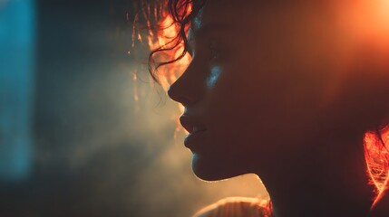 A dramatic moody portrait featuring the profile of a person illuminated by starkly contrasting warm orange and cool blue light with swirling atmospheric smoke enhancing the intense mood