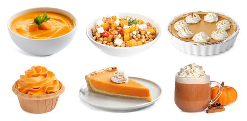 Pumpkin dishes, desserts and drink on white background, set