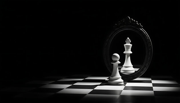 Chess inspiration and self reflection in a dark setting motivational concept on a chessboard mirror view