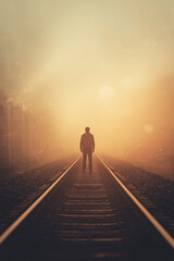 Back view of person standing on railway platform, guiding lines emphasize perspective depth, blurred glowing background, cinematic dreamy atmosphere