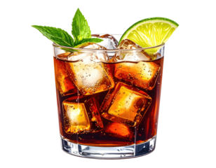 Refreshing drink with ice, cola, lime slice, and mint garnish in a glass