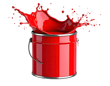 A red paint can overflowing with a vibrant splash against a black backdrop