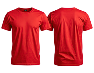 Front and back view of a plain red short-sleeved t-shirt isolated on black