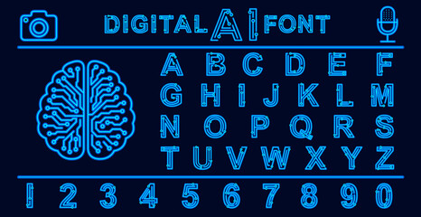 Futuristic Digital AI Font with Circuit-Inspired Design, Neon blue tech font with icons of brain, camera, and microphone