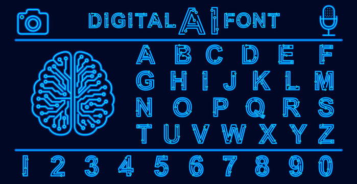 Futuristic Digital AI Font with Circuit-Inspired Design, Neon blue tech font with icons of brain, camera, and microphone