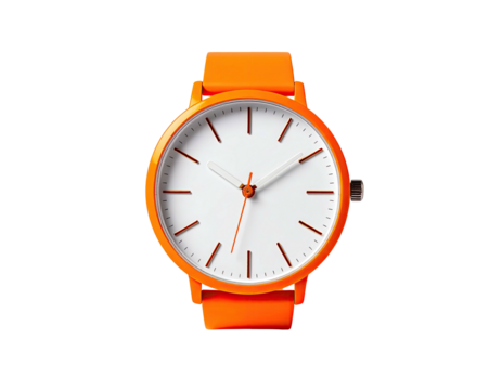 A vibrant orange wristwatch with white face and minimal markers against black background