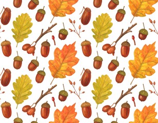Obraz premium Watercolor-style autumn pattern oak leaves, acorns, and twigs
