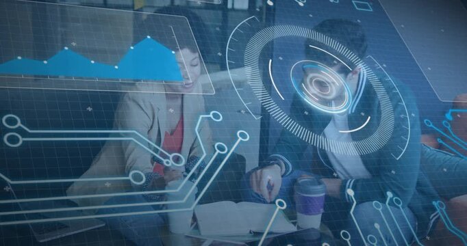 Upon man pointing at notebook, colleagues analyzing tech data with chart overlay correlating notes