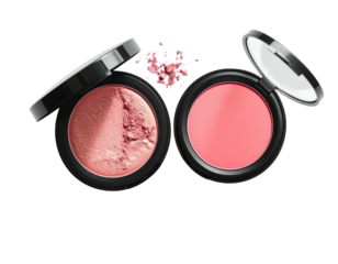 Two opened makeup compacts with rosy blush and loose powder on a black backdrop