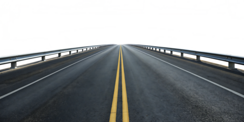 Asphalt highway road  with double yellow lines and guardrail isolated on a transparent background.PNG