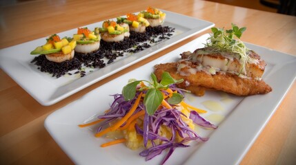 Under natural daylight, an elegant vegan seafood platter is showcased, complete with plant-based shrimp and a diverse selection of fresh ingredients