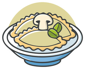 Deliciosos raviolis de champiñones y albahaca servidos en un plato azul