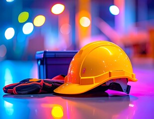 Yellow hard hat with gloves and toolbox under colorful lights