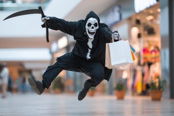 Happy funny person in Halloween grim reaper costume having fun in the mall holding shopping bags