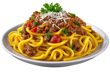 Pasta Delight: A mouthwatering plate of spaghetti bolognese, with perfectly cooked pasta intertwined with a rich, savory meat sauce, sprinkled with fresh herbs and parmesan cheese.