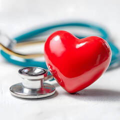 A red heart rests with a stethoscope, a key medical instrument for cardiology and diagnosis in healthcare