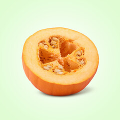 Slice of ripe pumpkin on light green background