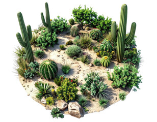 Lush desert garden with various cacti and other desert flora; detailed rendering