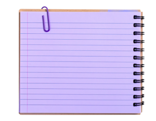 Lined paper in a spiral notebook with a purple paper clip on a black background