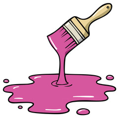 Paintbrush with pink paint dripping onto a surface creating a puddle of liquid