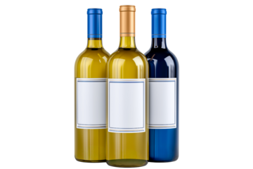 Exquisite Wine Selection: Three elegant wine bottles of various colors stand side-by-side, each bearing a blank label for customization, offering a versatile showcase of options.